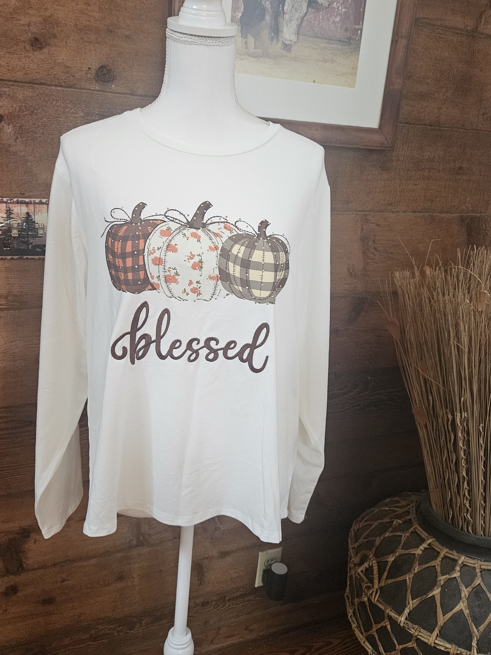 White Long-Sleeve 'Blessed' Pumpkin Graphic Tee